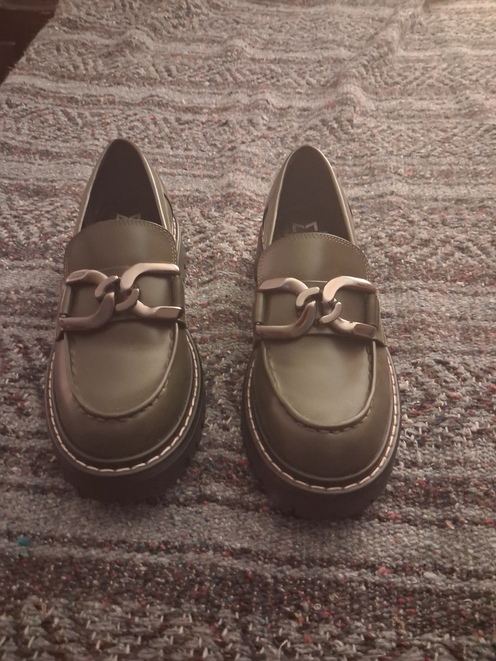Marc Fisher Olive Green Chain-Accent Loafers